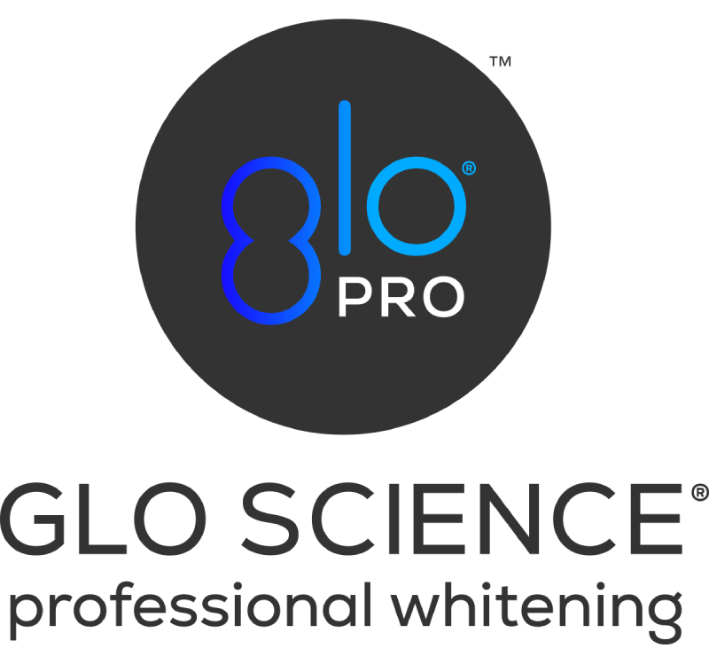 Glo Science Pro logo featuring blue stylized teeth design on dark circular background with professional whitening text.