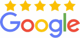 Google logo with five gold stars above it, representing excellent customer reviews and ratings.