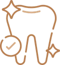 Tooth outline with checkmark, dental tools, and star icons representing quality dental care.